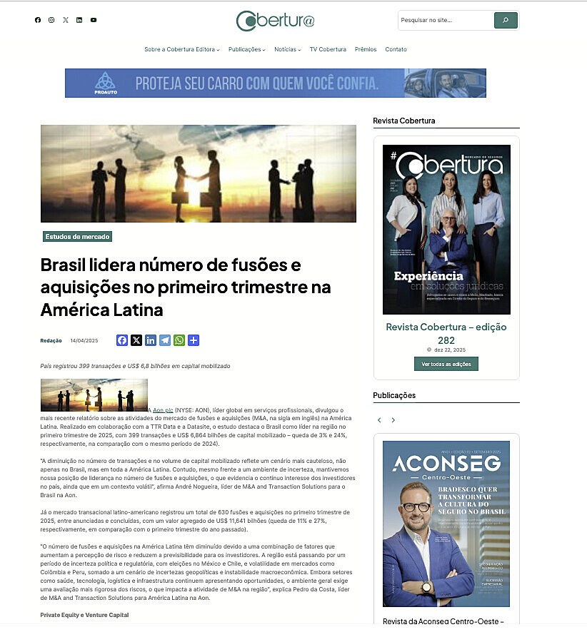 Brasil lidera n�mero de fus�es e aquisi��es no primeiro trimestre na Am�rica Latina